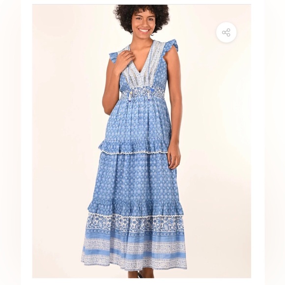 SALROSA Dresses & Skirts - SALROSA Women’s M Tessa Blue/White Flutter Sleeve Silk Maxi V-Neck Lined Dress